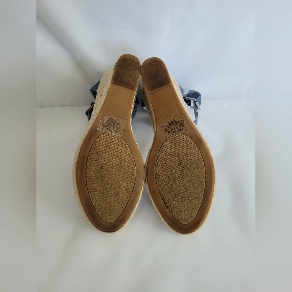 Nautica 9.5 Light Blue Denim Espadrille Wedge Ankle Strap Sandals